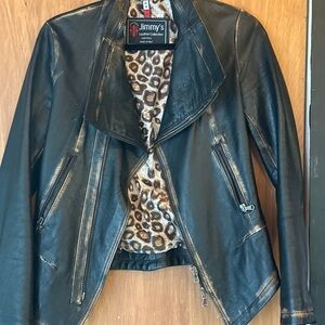 Black Leather Motorcycle Jacket with Asymmetrical Zipper and Lapel Collar